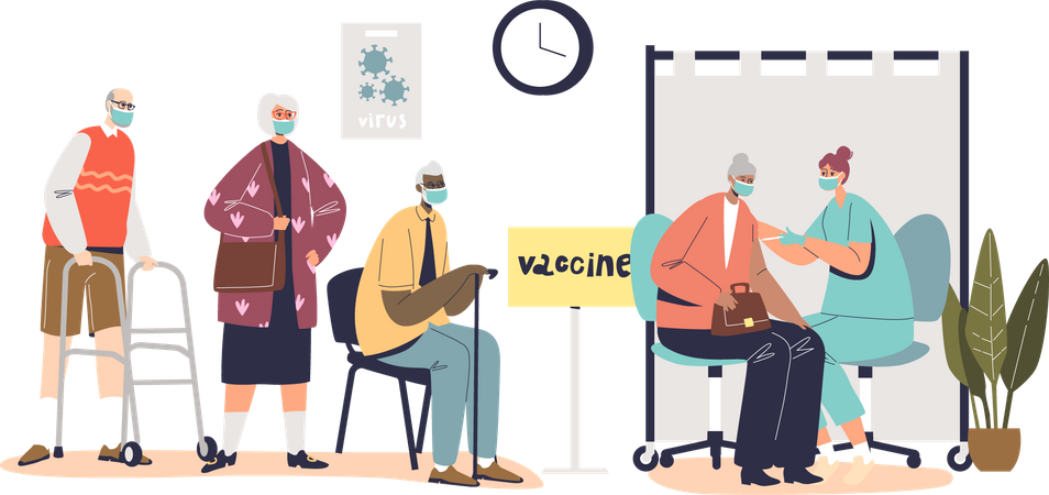 Senior people waiting for vaccination  イラスト