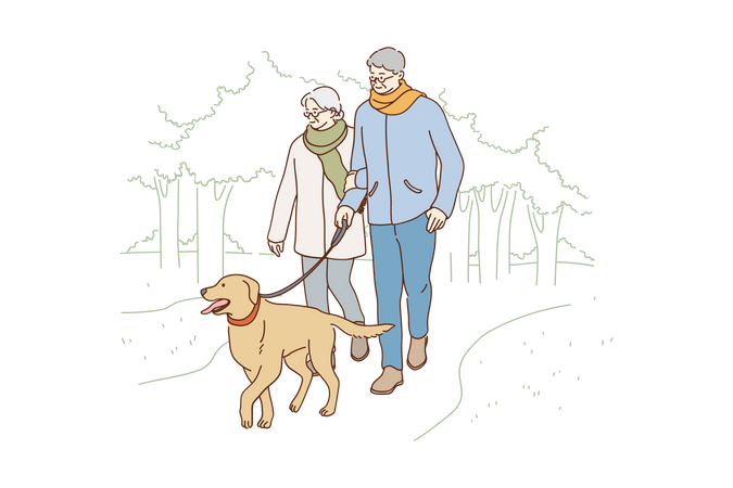 Senior people walking with dog in park  Illustration