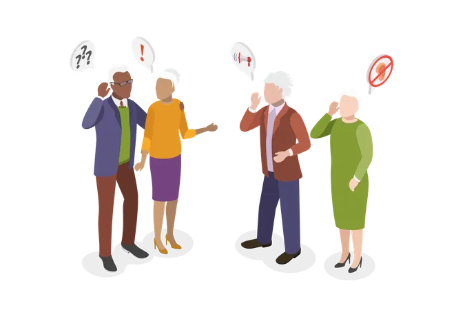 3 D Isometric Flat Vector Illustration Of Hearing Disease Senior Characters With Disability Illustration