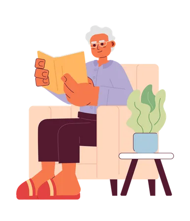 Senior Reading Book Cartoon Flat Illustration Elderly Adult Man Armchair Sitting With Literature Hardcover 2 D Character Isolated On White Background Bookworm Pensioner Scene Vector Color Image Illustration
