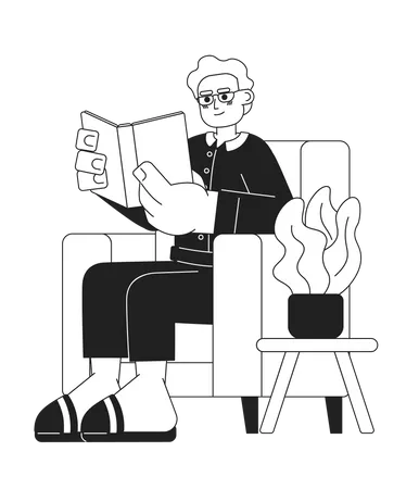 Senior Reading Book Black And White Cartoon Flat Illustration Elderly Adult Man Armchair Sitting With Literature Linear 2 D Character Isolated Bookworm Pensioner Monochromatic Scene Vector Image Illustration