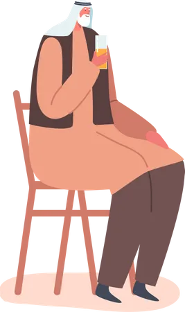 Senior Saudi Male Drinking Beverage Sit on Chair Illustration