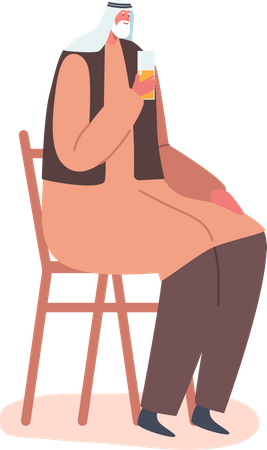 Senior Saudi Male Drinking Beverage Sit on Chair  Illustration