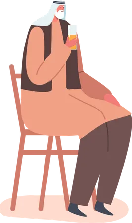 Senior Saudi Male Drinking Beverage Sit on Chair  Illustration