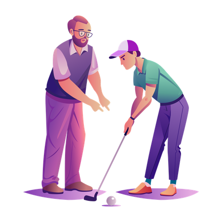 Senior teaching golf to man in Golf Class  Illustration