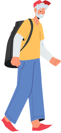 Senior Tourist Man Walking With Backpack  Illustration