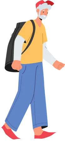 Senior Tourist Man Walking With Backpack  Illustration