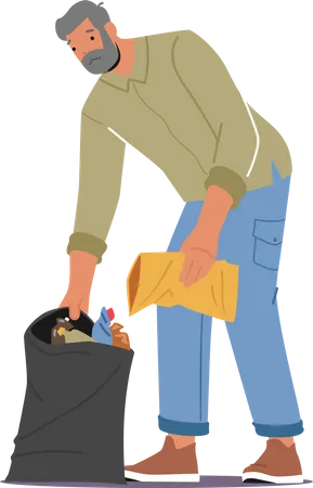 Homem voluntário sênior limpando lixo do chão  Ilustração