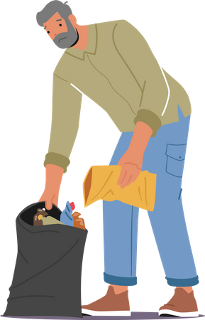 Senior Volunteer Male Cleaning Garbage from Ground  Illustration