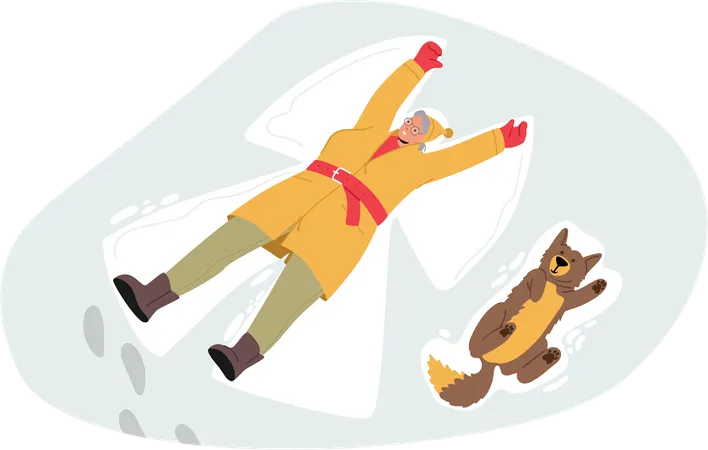 Senior Woman And Her Loyal Dog Joyfully Create Snow Angels Together Leaving Imprints Of Pure Happiness In The Pristine Wintry Landscape Funny Old Female Character Cartoon People Vector Illustration Illustration