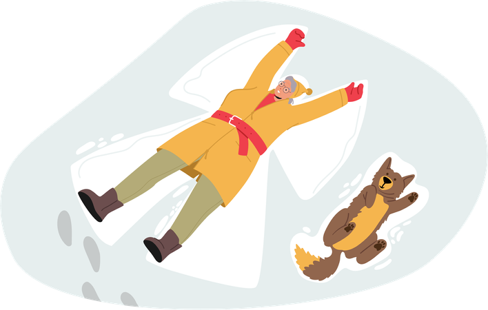 Senior woman and her loyal dog joyfully create snow angels together  Illustration