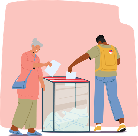 Senior Woman And Young Man Casting Their Ballots Into Voting Box At Polling Station  Illustration