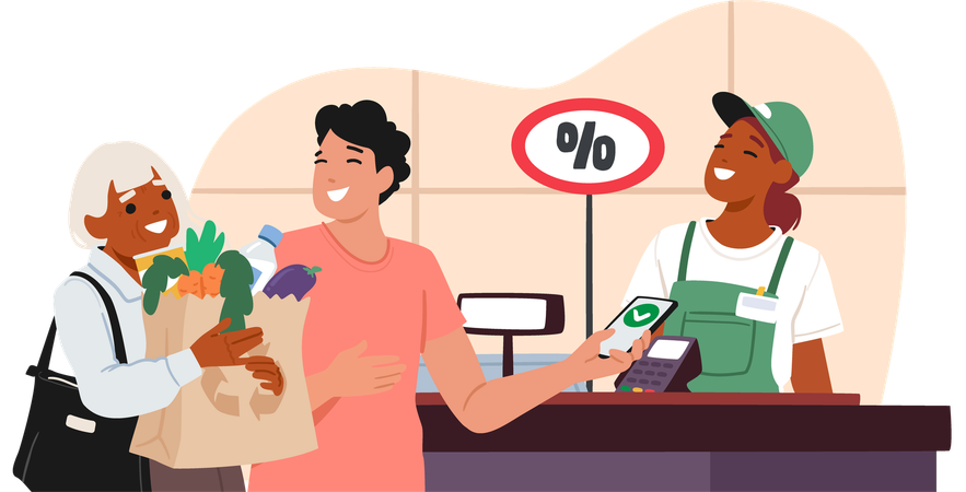 Senior woman and young man customers paying for groceries at cashier counter desk in supermarket  Illustration