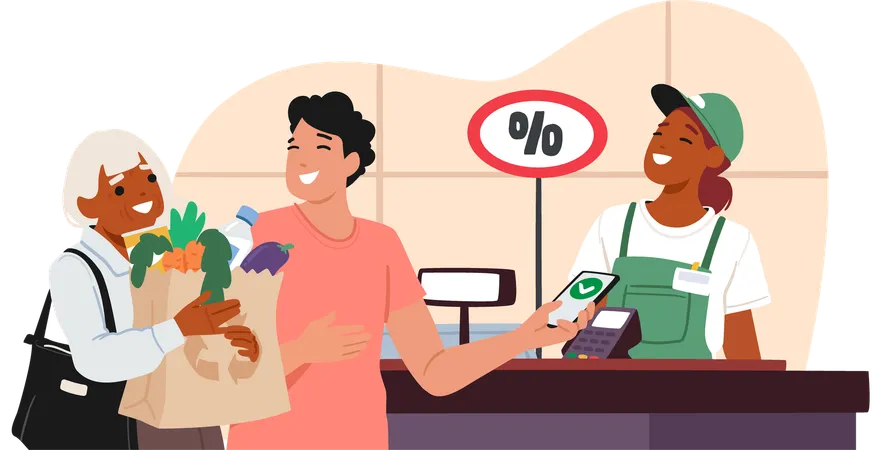 Senior woman and young man customers paying for groceries at cashier counter desk in supermarket  Illustration