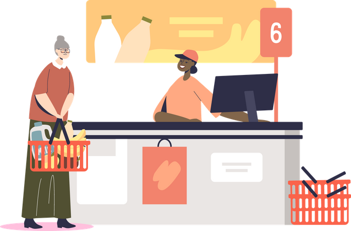 Senior woman at supermarket paying and purchasing grocery Illustration