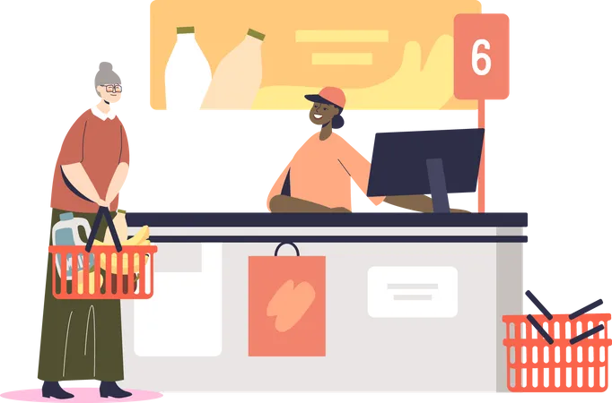 Senior woman at supermarket paying and purchasing grocery  Illustration