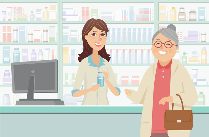Senior woman at the pharmacy  Illustration