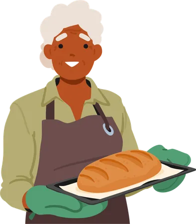 Senior Woman Carries A Tray With Freshly Baked Bread The Aroma Of Warmth And Comfort Wafting Around Her Her Skilled Hands Bring Nourishment And Love To Those Around Her Cartoon Vector Illustration Illustration
