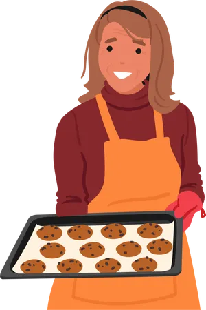Senior Woman Baked Cookies In Hands  Illustration