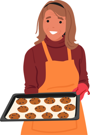 Senior Woman Baked Cookies In Hands  Illustration