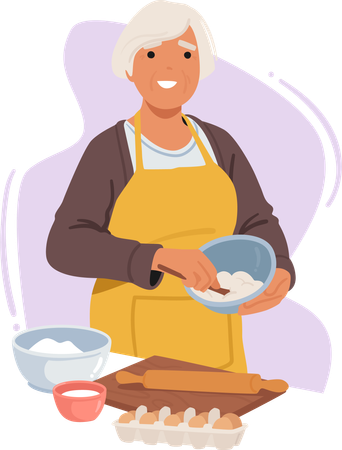 Senior Woman Bakes In Kitchen  일러스트레이션