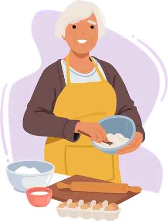 Seasoned Smiling Senior Woman Joyfully Bakes In Her Cozy Kitchen A Lifetime Of Expertise Reflected In Every Measured Ingredient And Every Delicious Creation Cartoon Vector Illustration Illustration