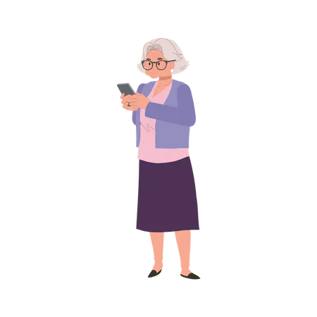 Modern Senior Lifestyle Technology And Elderly Concept Senior Woman Chatting And Browsing On Smartphone Illustration