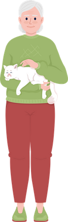 Senior woman cuddling cat Illustration
