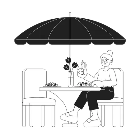 Senior Woman Eating Fancy Dinner Black And White 2 D Cartoon Character Elderly Lady At Patio Dining Restaurant Isolated Vector Outline Person Retirement Enjoying Monochromatic Flat Spot Illustration Illustration