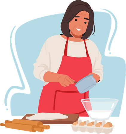 Une femme âgée prépare de la pâte pour la pâtisserie  Illustration