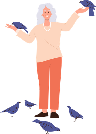 Senior woman feeding dove bird enjoying daily life activity outdoors  Illustration