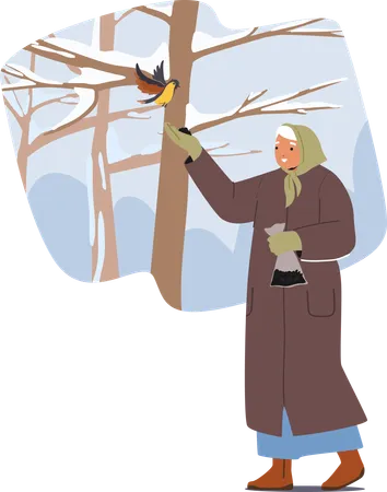 Senior Woman With Gentle Grace Feeds Birds From Her Hand Creating A Heartwarming Scene Of Compassion Amid The Winter Cold Elder Character Connecting With Nature Cartoon People Vector Illustration イラスト