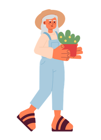 Senior woman gardener holding plant  Illustration