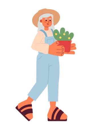 Gardener Senior Woman Holding Plant 2 D Cartoon Character Grandmother Gardening Female Farmer Mature Isolated Vector Person White Background Planting Horticulture Color Flat Spot Illustration Illustration