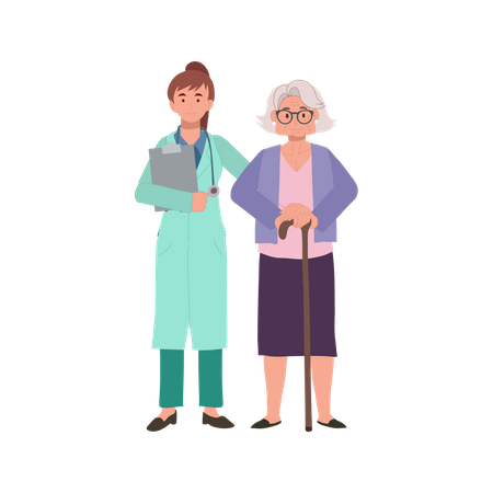 Senior Woman Granny Consulting with Female Doctor for Medical Advice,  Illustration