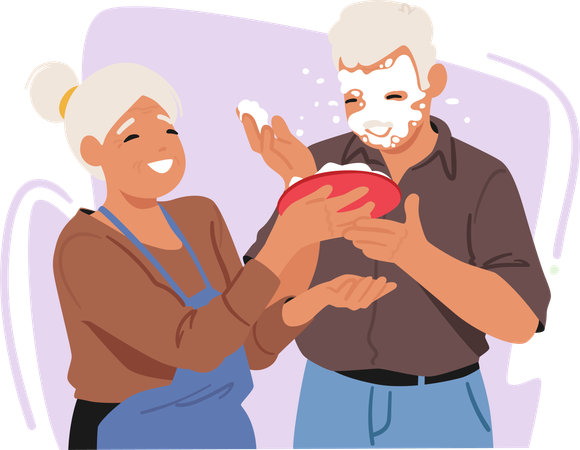 Senior Woman Hilariously Surprises Her Husband By Playfully Throwing Cake In Face On April Fools Day  イラスト