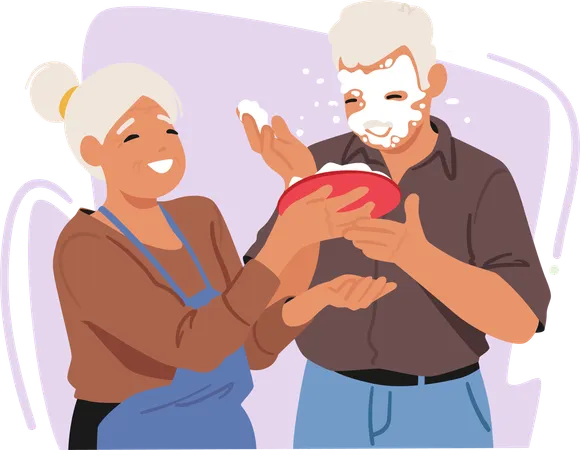 On April Fools Day Senior Woman Character Hilariously Surprises Her Husband By Playfully Throwing A Cake With Cream In His Face Sparking Laughter Cartoon People Vector Illustration Illustration