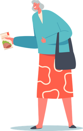 Senior Woman Holding Paper Package with Food Illustration