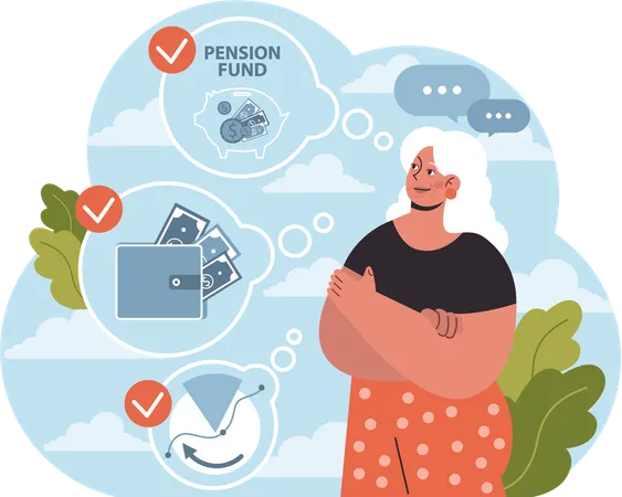 Senior woman looking at pension funds management  Illustration