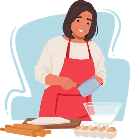 Senior Woman Passionately Makes Dough For Baking Her Hands Skillfully Mixing Kneading And Shaping The Ingredients Infusing Them With Her Love And Culinary Expertise Cartoon Vector Illustration Illustration