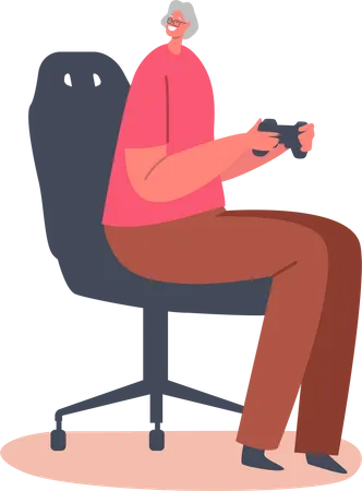 Senior Person With Gamepad Play On Console Retired Woman Holding Controller Playing Video Game Old Female Character In Virtual Reality Goggles Playing Video Games Cartoon People Vector Illustration Illustration