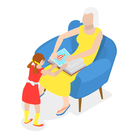 Senior woman reading book with grand daughter  Illustration