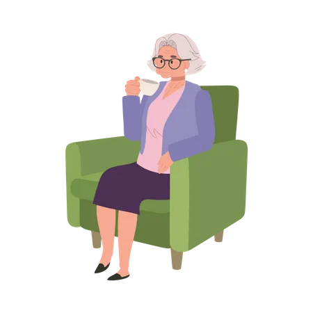 Senior Woman relaxing and Enjoying Peaceful Tea Time on Couch  Illustration
