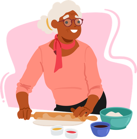 Senior Woman Rolls Dough For Baking  Illustration
