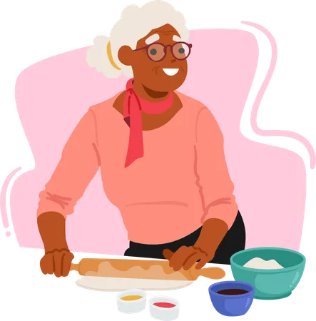 Senior Woman Rolls Dough For Baking  イラスト