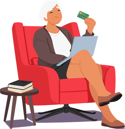 Senior Woman Sits Comfortably On An Armchair With Her Laptop Open Holding Bank Card  Illustration