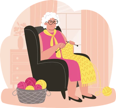 Senior woman sits in an armchair and knits scarf in cozy room  Illustration