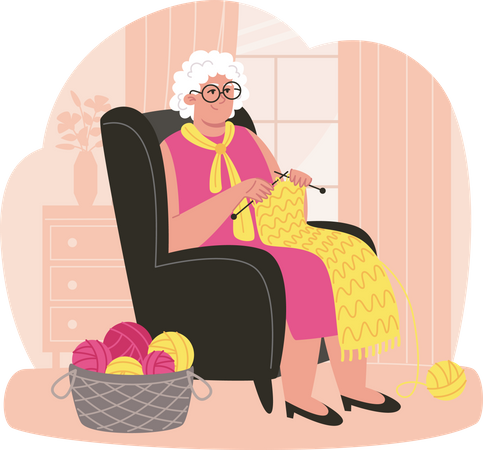 Senior woman sits in an armchair and knits scarf in cozy room  Illustration
