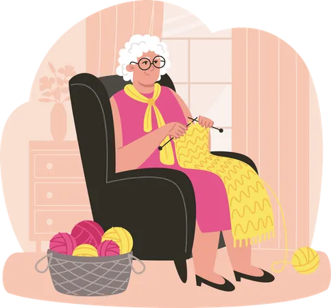 Senior Woman Sits In An Armchair And Knits A Scarf In A Cozy Room Illustration
