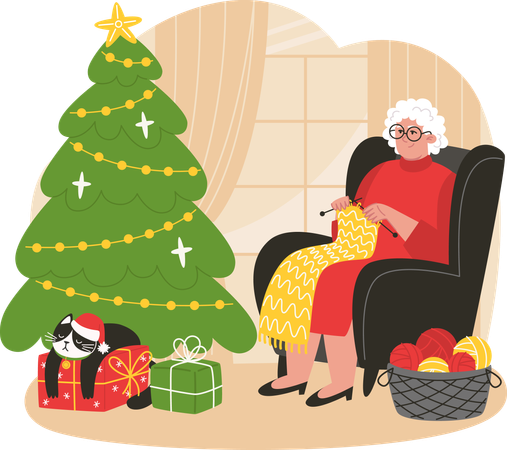 Senior woman sits in an armchair near Christmas tree and knits a scarf  Illustration